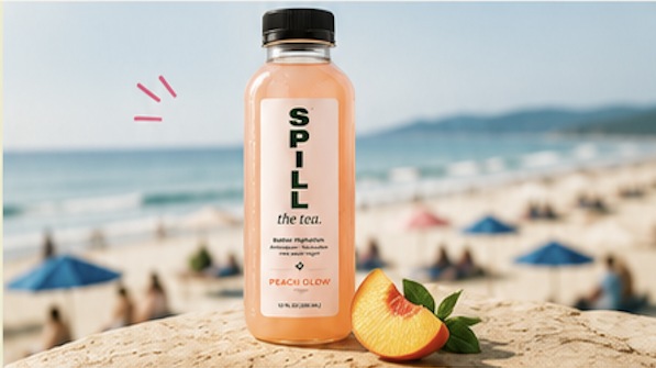 Chilled SPILL peach bottle on a sunny beach ledge