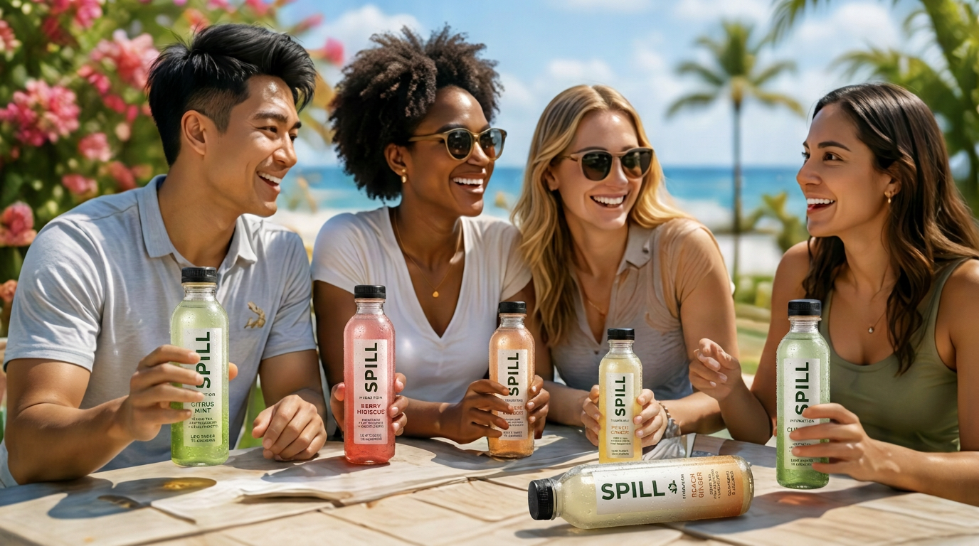 Friends enjoying SPILL bottles together at a sunny beachside table