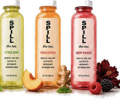 SPILL Citrus Mint, Peach Ginger and Berry Hibiscus bottles with lime, mint, peach, ginger and raspberries