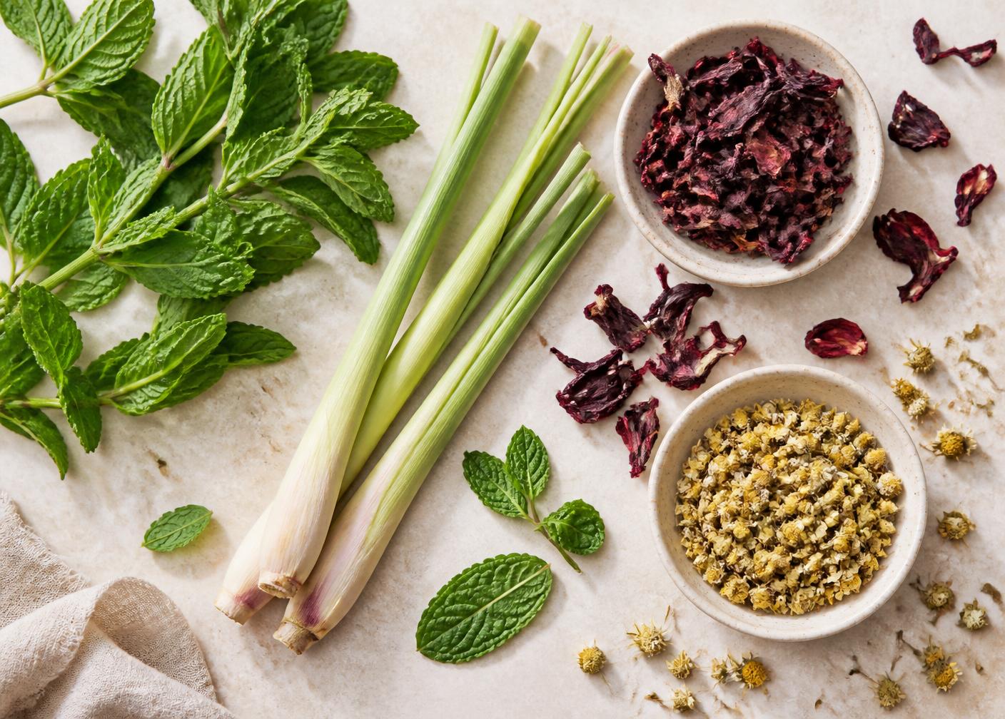 Spearmint, lemongrass, dried hibiscus and chamomile flowers
