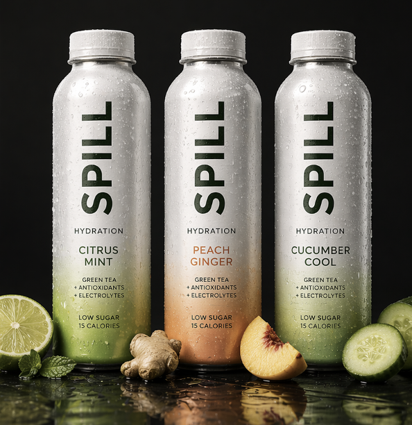 The SPILL lineup — Citrus Ginger, Peach Glow, Cucumber Essence
